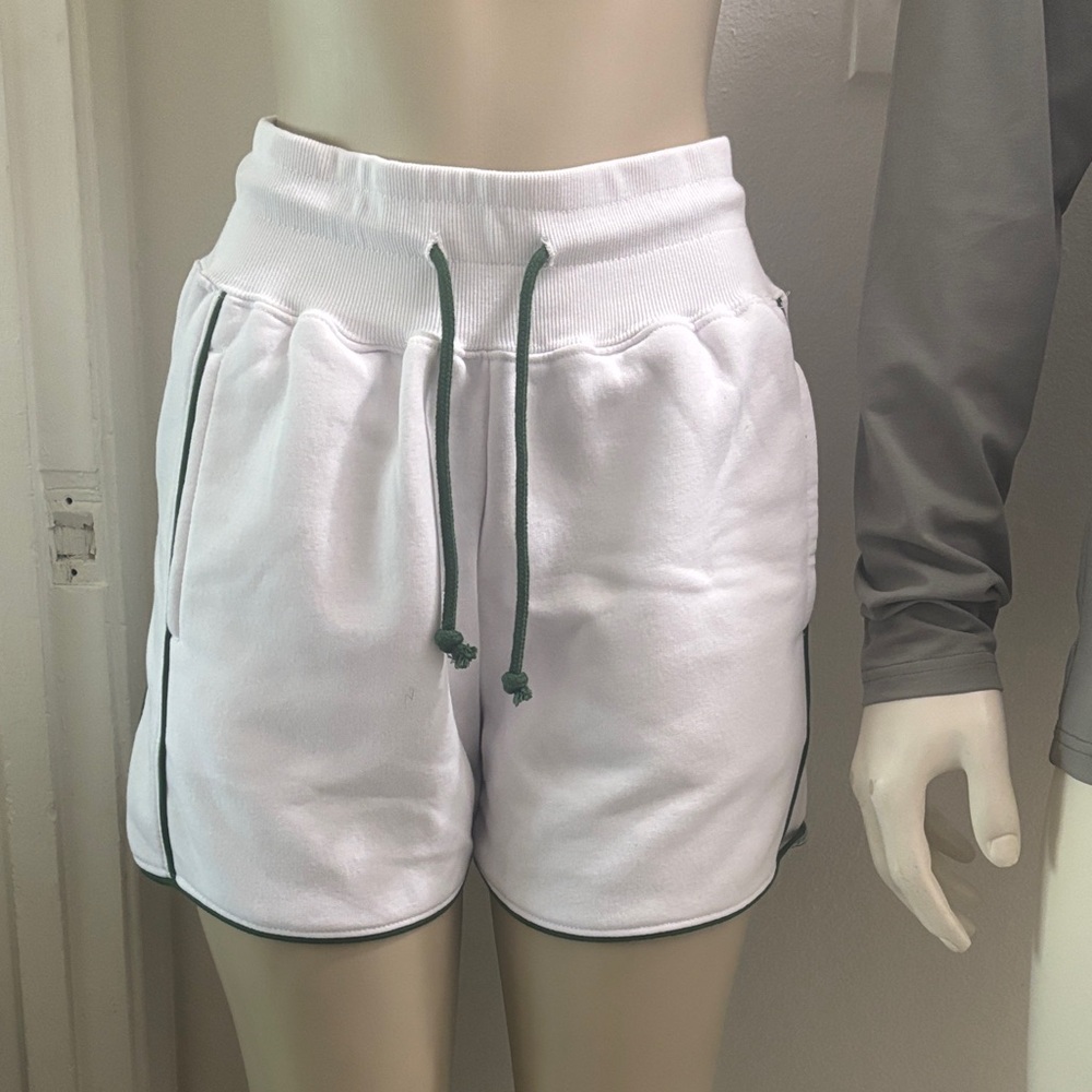 White Drawstring Athletic Shorts with Dark Green Trim